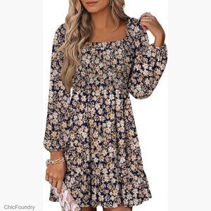 Long Lantern Sleeve Square Neck Smocked Dress High Waist Flowy Swing